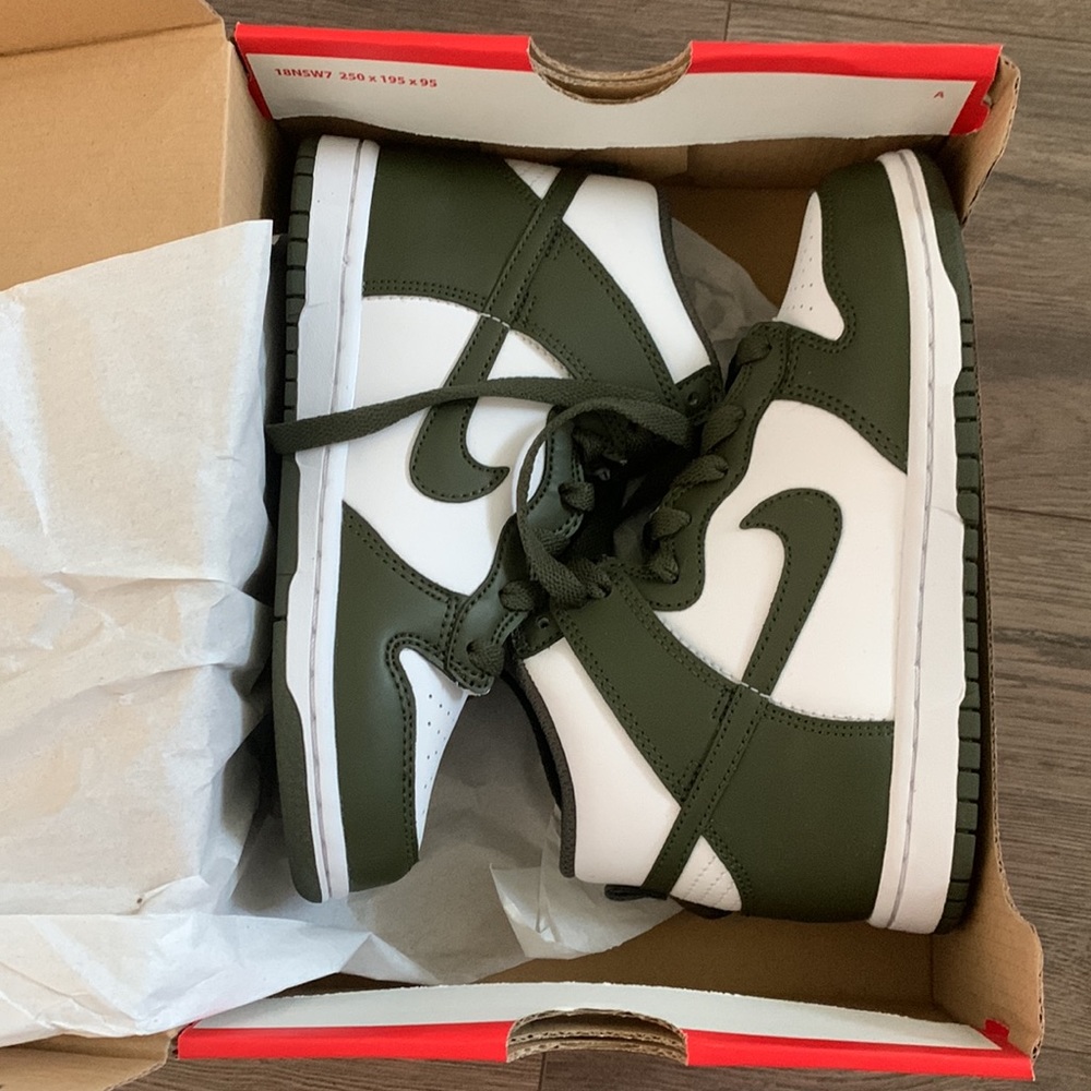 High top olive green little kids Nike dunks